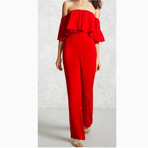 Forever 21 Pants - Festive Holiday Red Off Shoulder Jumpsuit